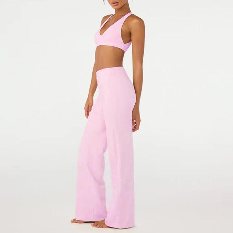 European and American yoga clothes set women gather beautiful back sports underwear nude high waist fitness clothes straight pants set