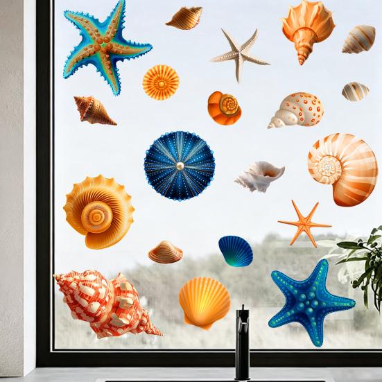 Pegatinas para Ventana de Caracolas y Estrellas de Mar, Adhesivo Impermeable para Ventana con Vida Marina del Océano, Pegatinas Estáticas Reutilizables para Puerta de Cristal, Suministros para Fiestas de Verano