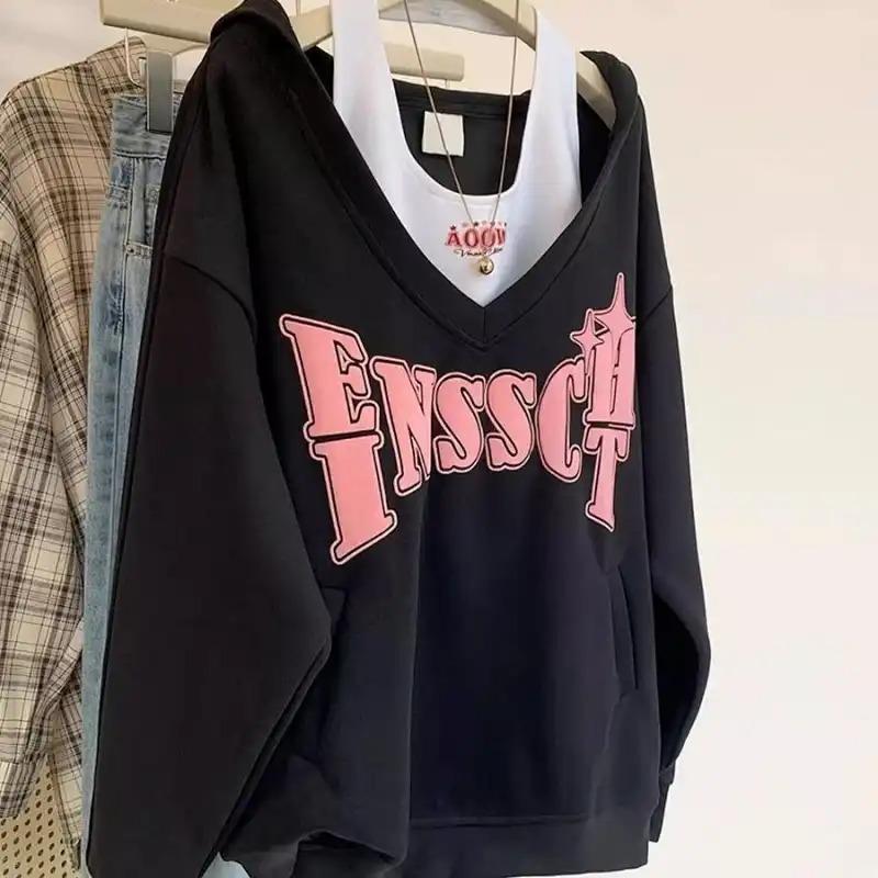 

Sweatshirt for Women Oversize Faux Two-piece Loose V Neck Casual Pullover Long Sleeve Winter Sweatshirt Top XXXL чорний