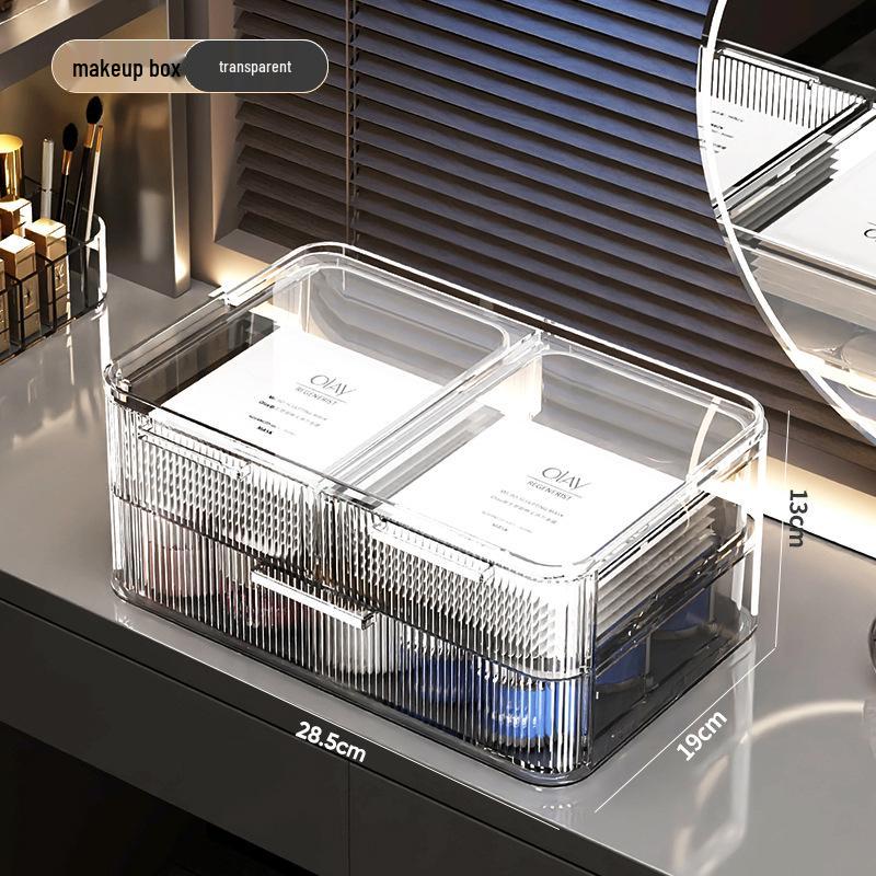 Elegancki dwuwarstwowy pyłoszczelny organizer na kosmetyki z uchylnym wiekiem na makijaż i pielęgnację skóry.