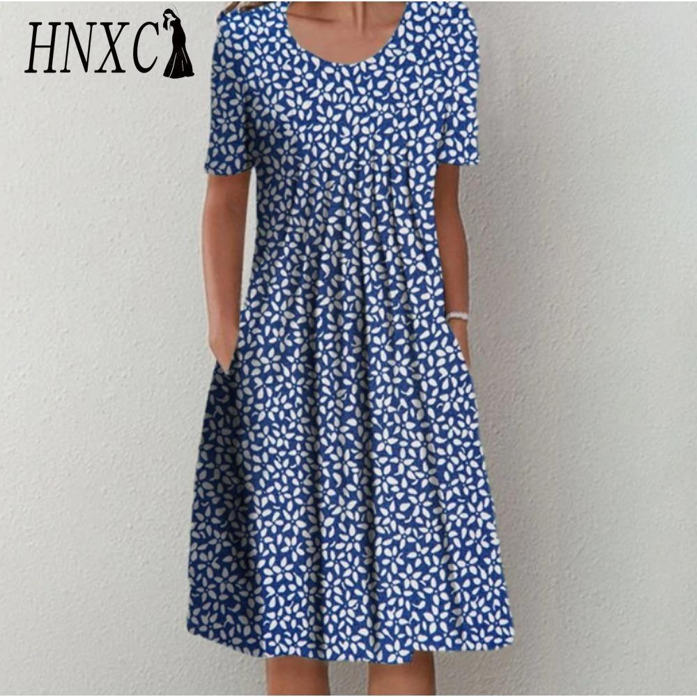 HNXC 30 Color Pleated Midi Dress Short Sleeve Round Neck Loose Hem Mid-Calf Length Women Floral A-Line Party Dress Casual Wear