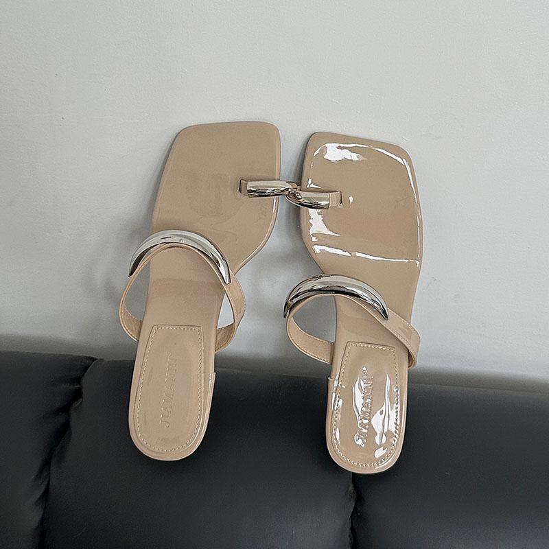 

Fashion New Fashion Metal Women Low Heel Slippers Summer Beach Slides Sandals Square Toe Ladies Heeled Slippers Shoes Female Pumps 35 абрикосовый
