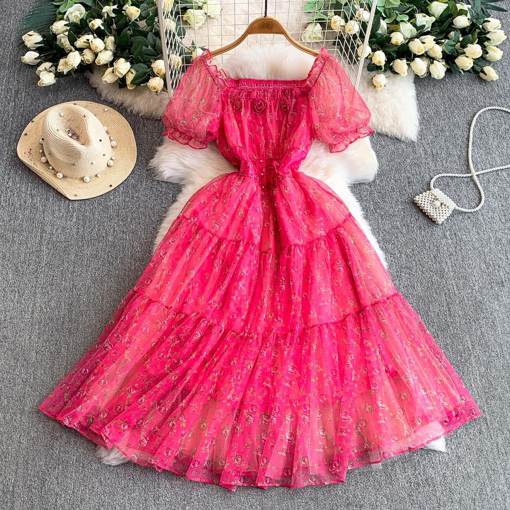 French princess sweet floral square neck bubble sleeve dress women's autumn and winter waist thin lotus leaf edge big swing dress