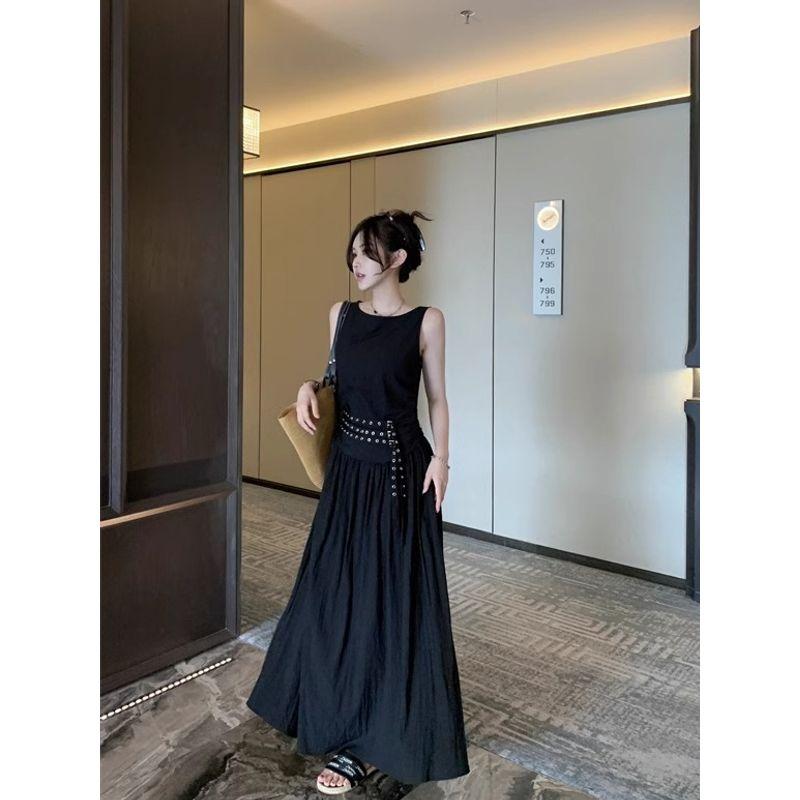 Kumikumi High-Grade Temperament Black Vest Dress Women Summer Unique Chic High Waist Slimming Large Swing Skirt