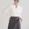 Damen V-Ausschnitt Kragenloses Weißes Chiffonhemd - Knitterarm, Professionelles Langarm-Oberteil für Frühling/Sommer