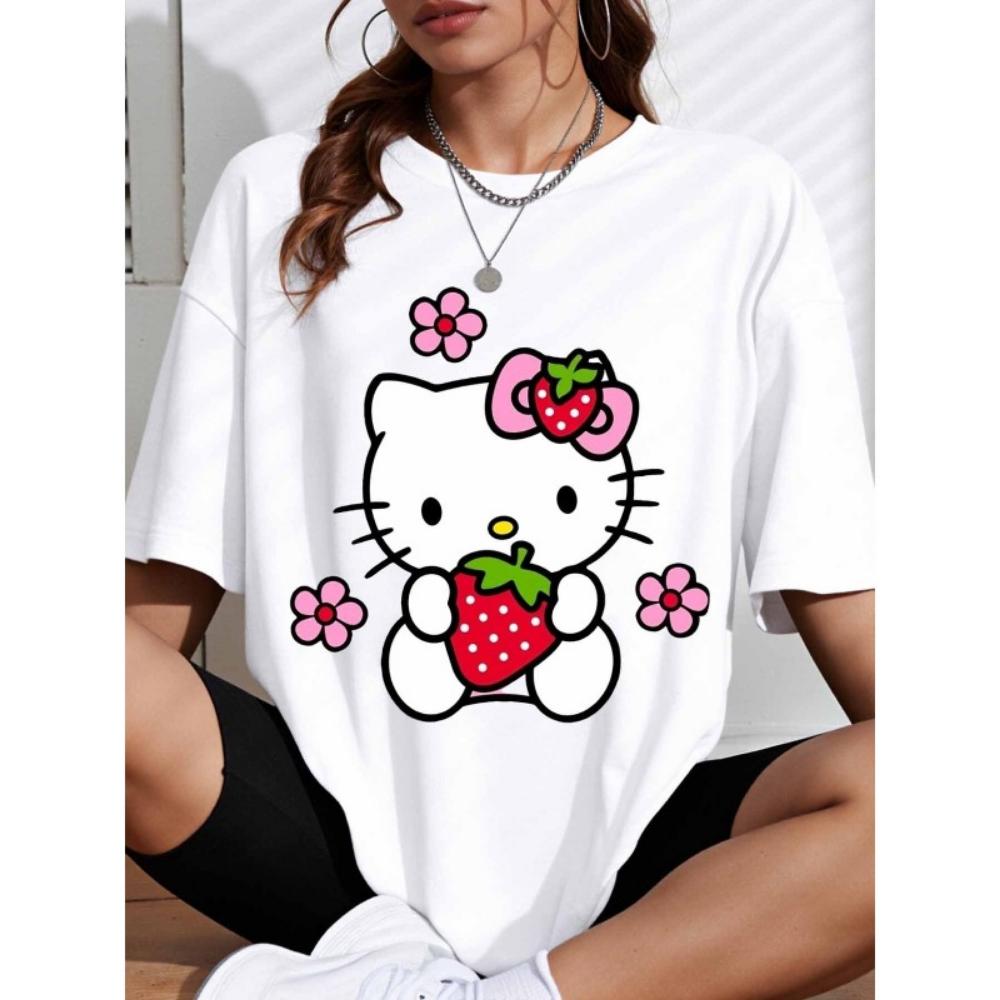 Strawberry Print Women's T-Shirt Fashionable Casual Cartoon Short-Sleeve Crew Neck Top Holiday Gift