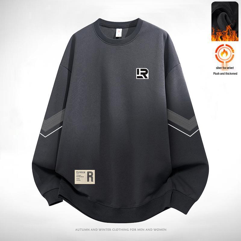 Men s Autumn/Winter Loose Fit Velvet Inside Pullover Long Sleeve T-shirt, Plus Size, Trendy & Versatile XL (115-130 jin)