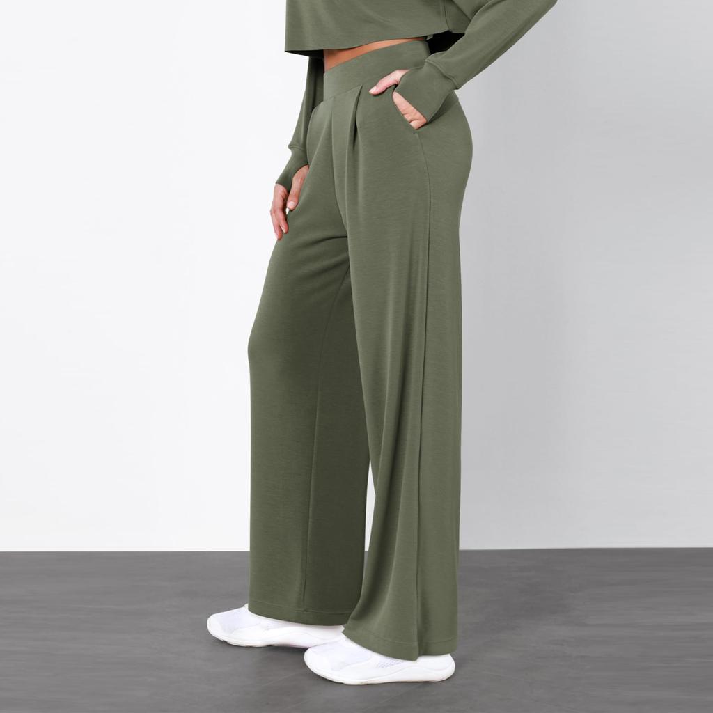 Women's Fashion Color Elastic Waist Wide Leg Pants High Waist Pocket Casual Pants