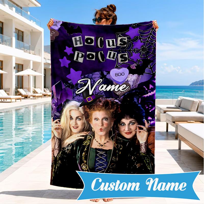 Custom Name Witches Collage Heart In Space Adventure Microfiber Beach Towel, Lightweight for Summer Travel, Swimming Pool Fan Gift