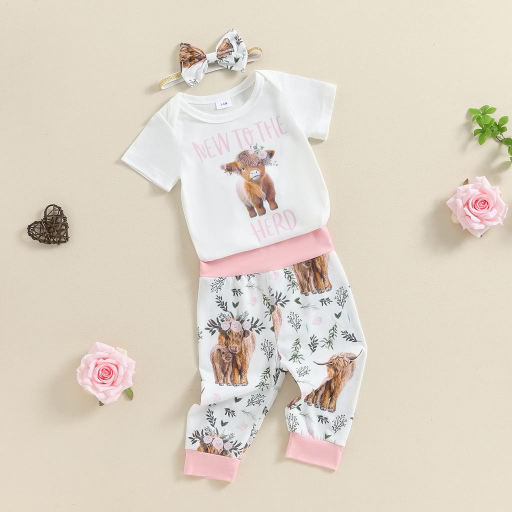 Baby Girl 3 Piece Summer Set, Cattle Print Short Sleeve Romper Elastic Waist Pants Bow Headband Toddler Outfits