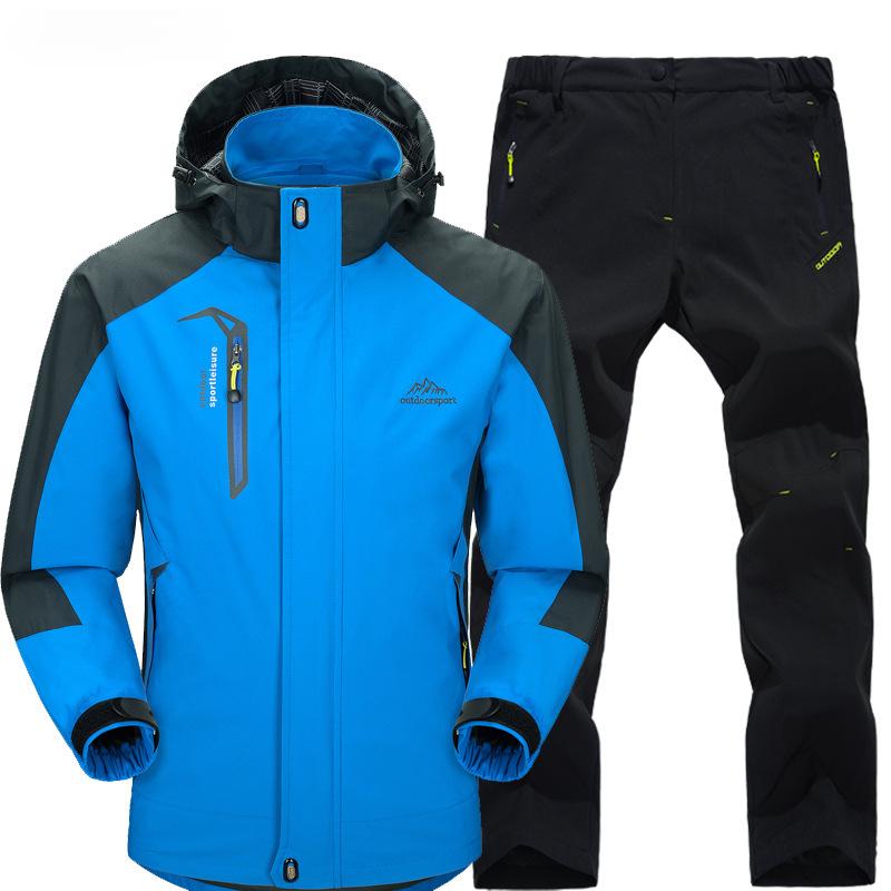 Outdoor Hiking Jacket and Pants Sets Men Autumn Waterproof Windproof Hooded Jackets Trip Mountain Camping Clothes