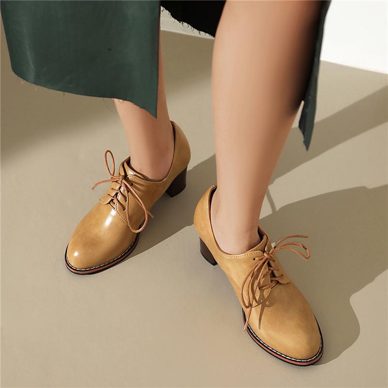 FOREADA Women PU Leather Pumps Round Toe Thick High Heels Lace-up Concise Design Ladies Fashion Shoes Spring Autumn Green Black 44