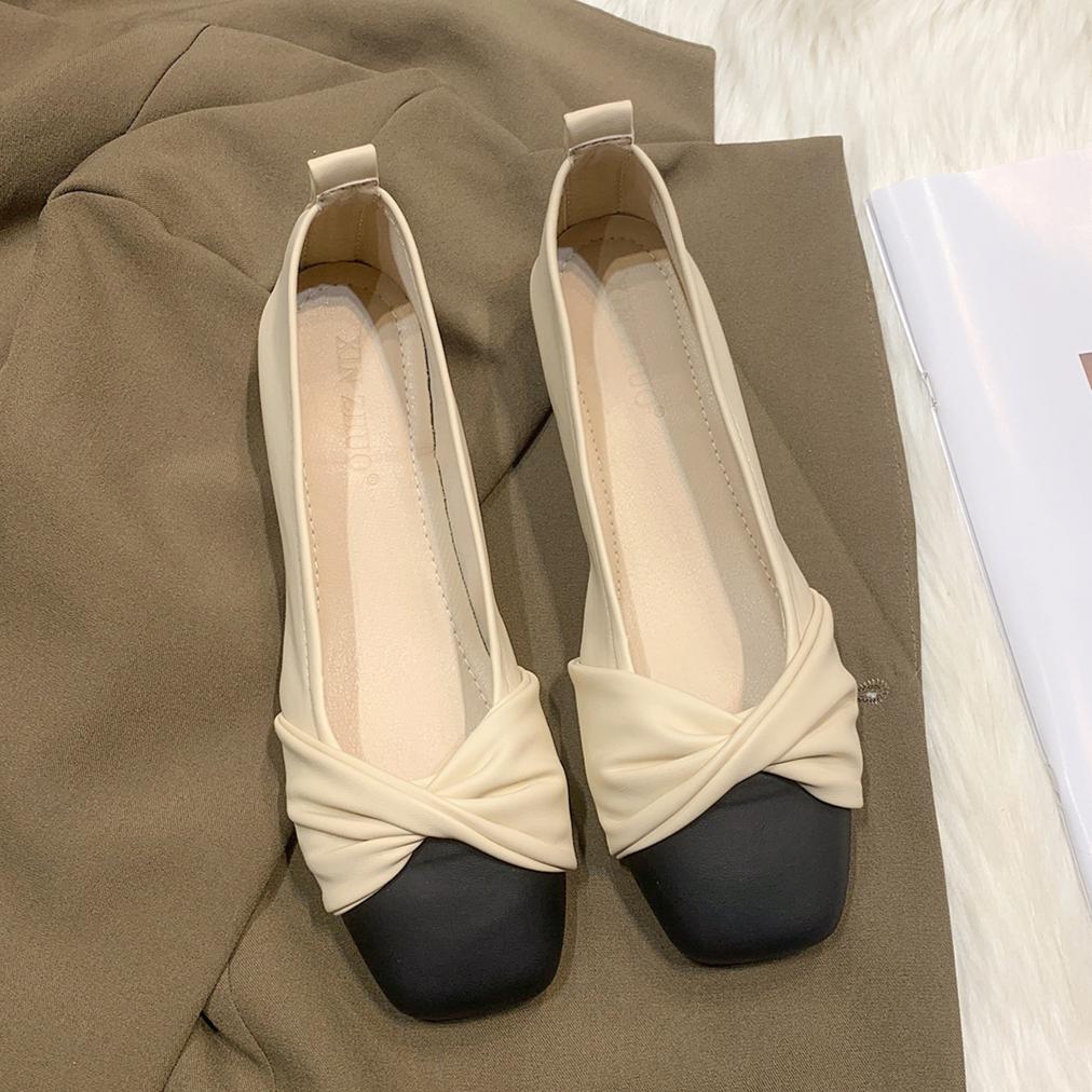 

Женские весенне-осенние туфли на плоской подошве с квадратным носком, мокасины на мелкой мягкой подошве, маленькие кожаные туфли 40 бежевый