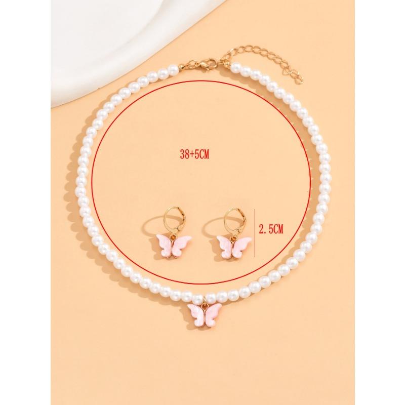 Fashion Faux Pearl Bow Pendant Necklace Earrings Jewelry Set For Women