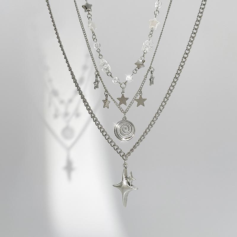 Punk Rock Silver Color Vortex Star Pendant Chain Layered Necklace For Women Men Charms Y2K Grunge Accessories Jewelry