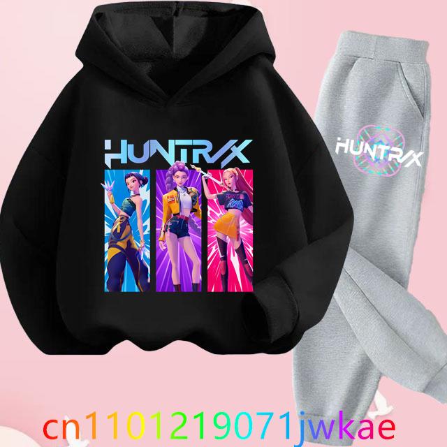 Teen KPop Demon Hunters Hoodies+Pants Sets Boys Girls Korean Anime Movie Hoody Fashion Long Sleeve Kids Hooded Sports Suits