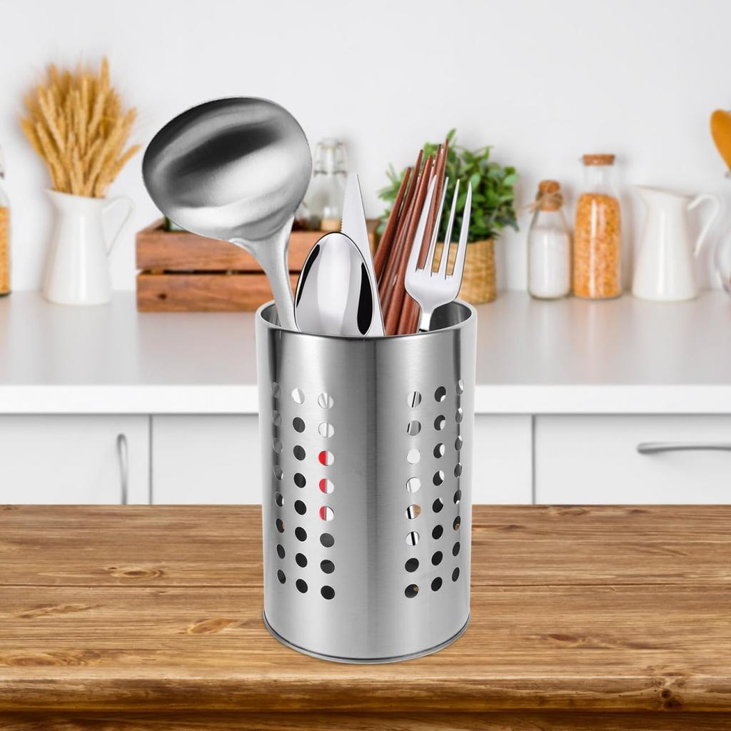 Stainless Steel Kitchen Utensil Holder Flatware Cylinder Silverware Draining Organizer Drying Rack with Round Drain Holes for Forks, Knives, Spoons,
