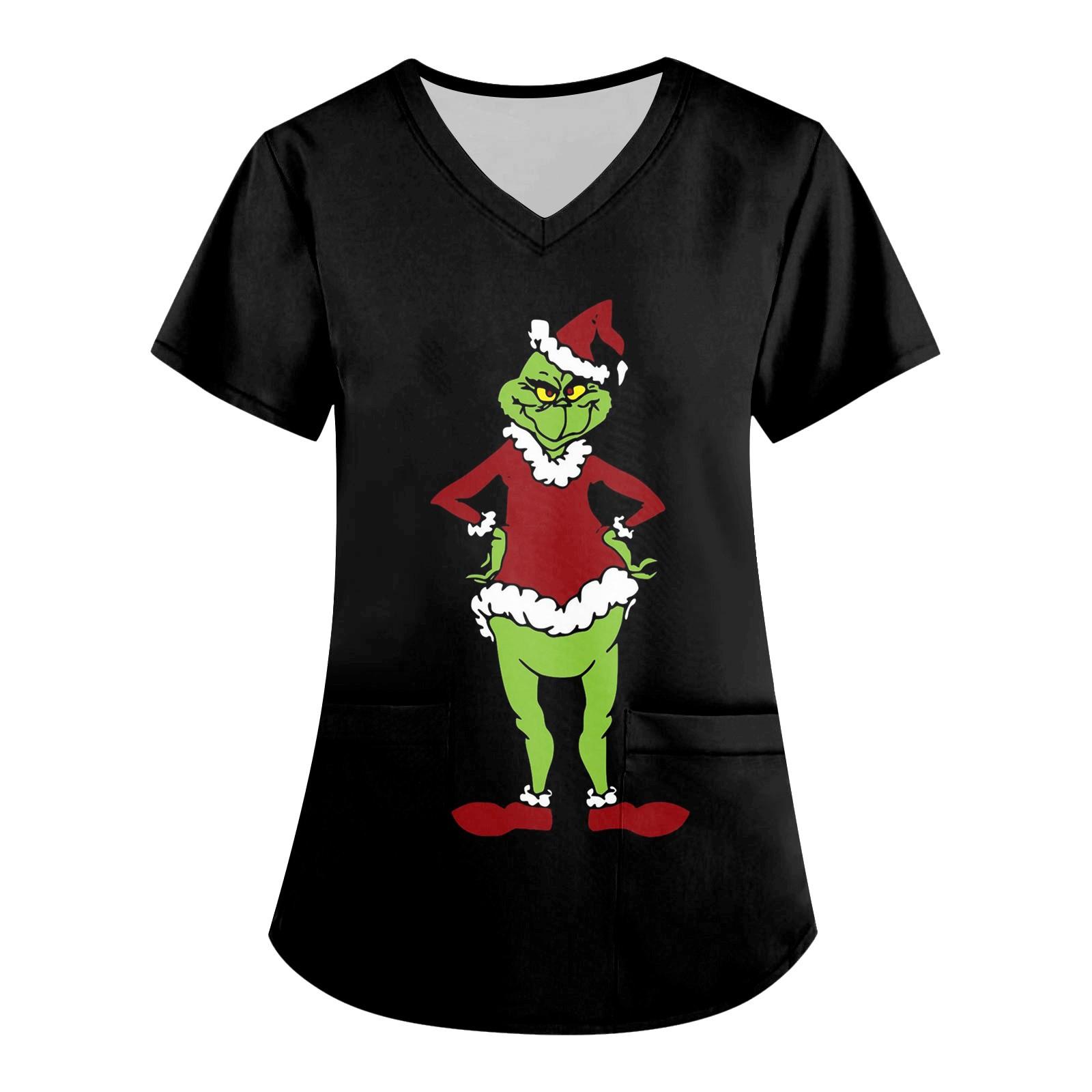 

Женская модная рабочая одежда с v-образным вырезом, короткими рукавами и карманами, топы с рождественским принтом XXL чёрный