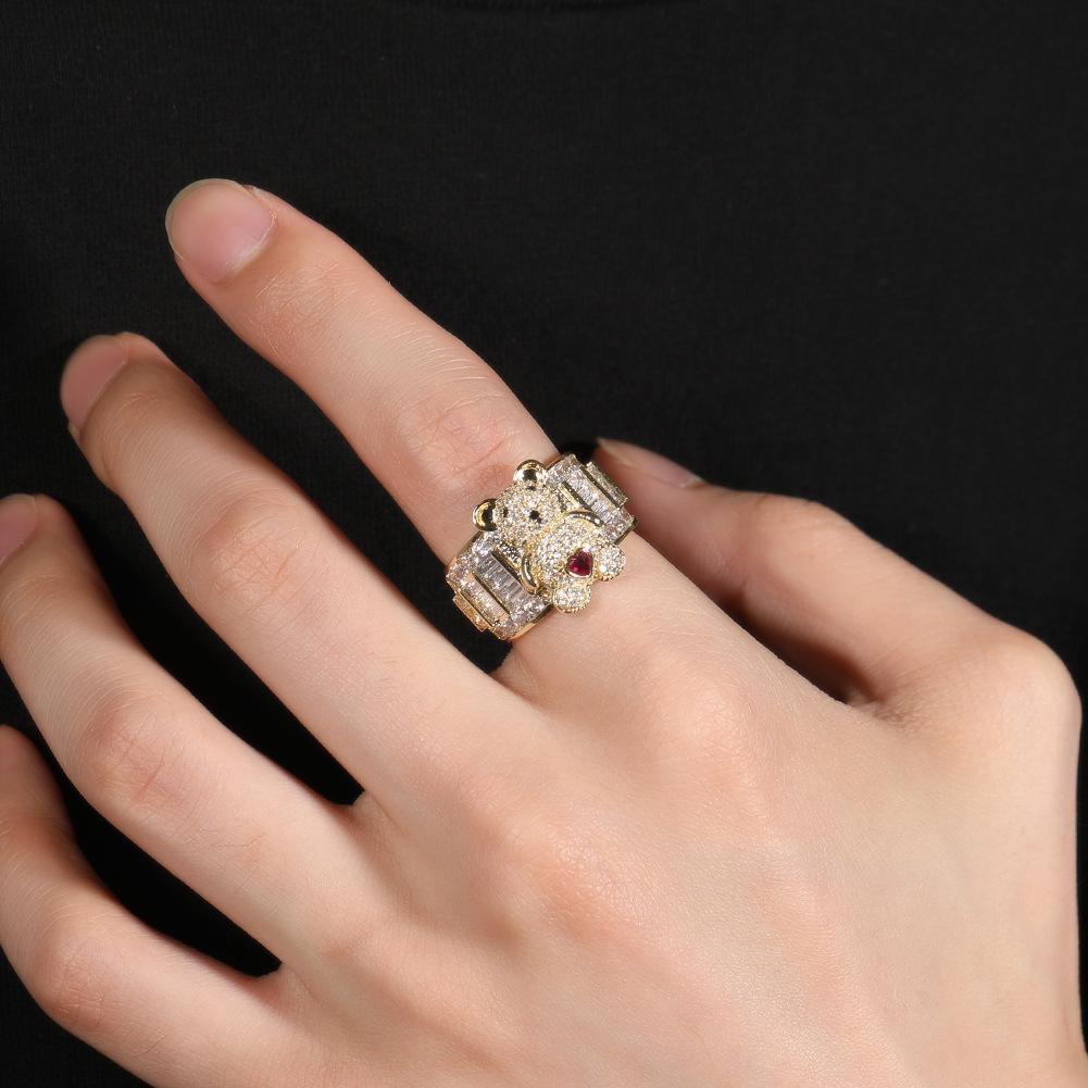 Cute Bear Diamond Ring Women's Adjustable Niche Design Ins Wind Advanced Sense Ring Index Finger Ring