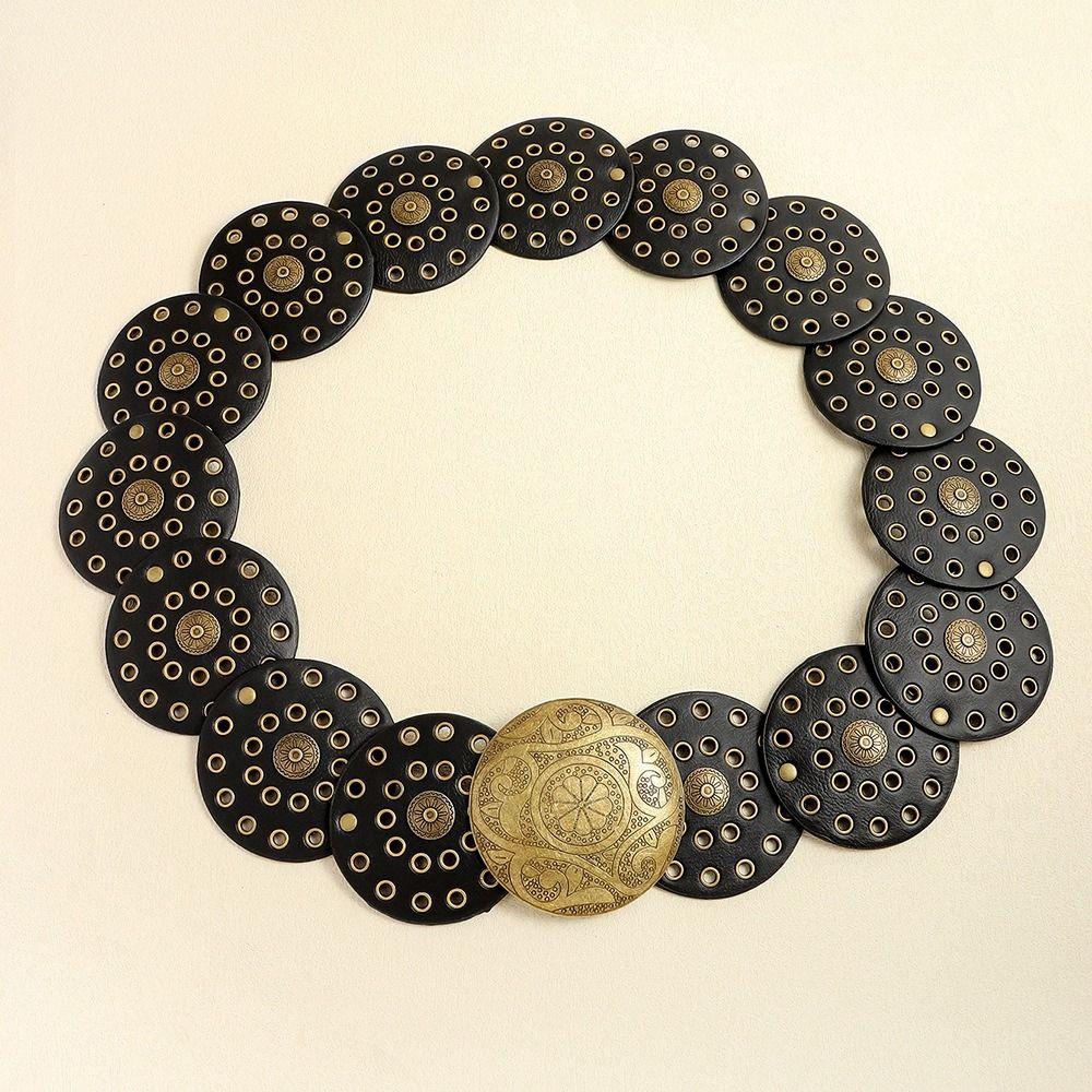 Metal Buckle Disc Belts Round Wide Belts Vintage Hollow Belt  for Women
