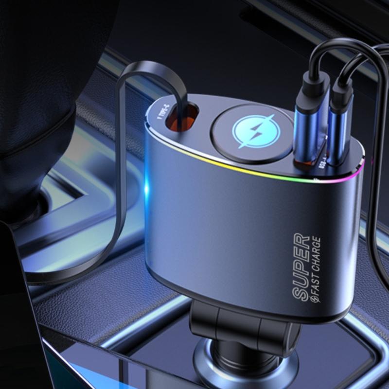 66W Fast Charging Car Adapter with Extendable Type C Cord & USB Slot Suitable for Smartphones and Tablets, Mobile Device