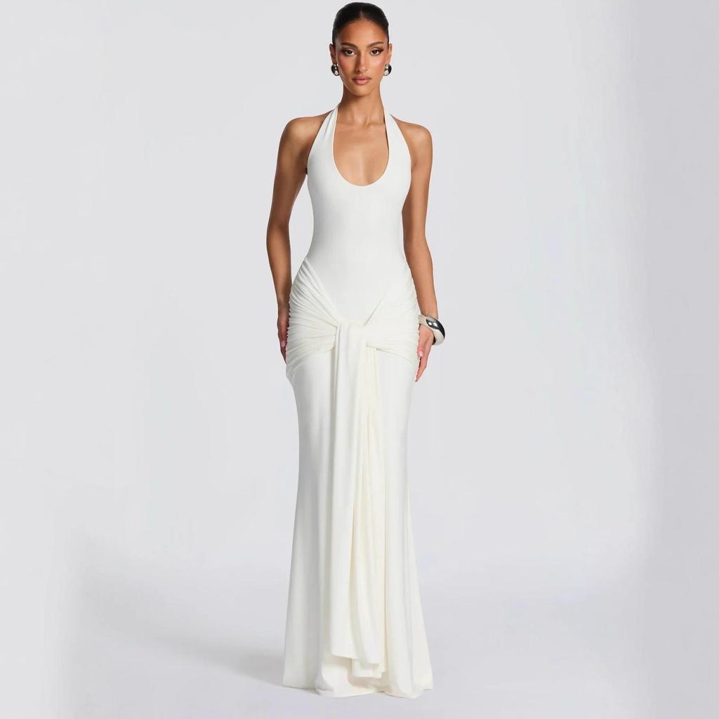 2025 Women's European & American Style Spliced Strappy Long Slim Fit Halterneck Formal Dress
