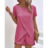 Women's Fashion Casual Round Neck Short Sleeved T-shirt Shorts Set Summer Irregular T Shirts Shorts Set Ladies Loose T-shirt Shorts Set