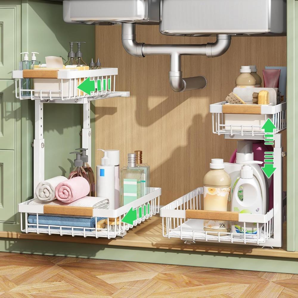 Under Sink Organizer, 2 Packs 2 Tier Under Sink Organizers and Storage, Slide Out Pull Out Cabinet Organizer Shelf, Metal Sliding Drawer for Kitchen