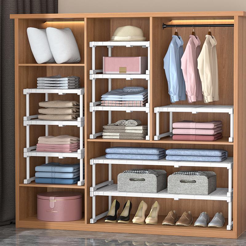 Adjustable Closet Storage No-Punch Storage Shelf Space Saving Wardrobe Decorative Shelf Cabinet Holder for Bathroom Kitchen Shoes Rack Sundry Storage