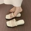 Mesh Hollow Mesh Flip-flops Women's Summer New Square Toe Open Toe Casual Wear Soft Sole Mid-heel Sandals and Slippers
