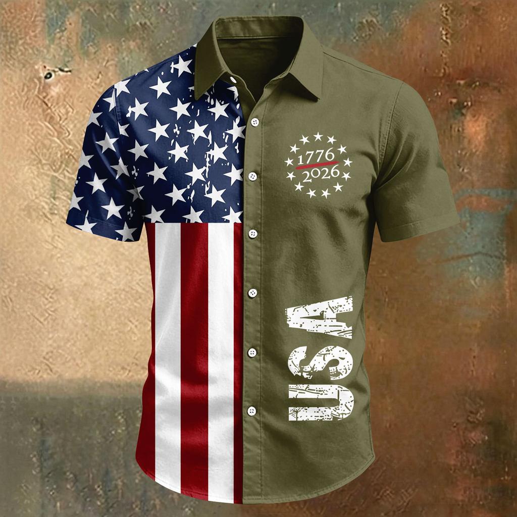 Camisa de manga corta casual deportiva para hombre con estampado del Día de la Independencia y cuello
