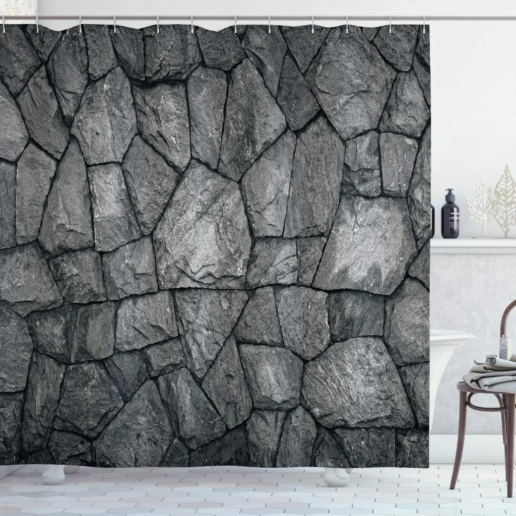 Stone Brick Wall Shower Curtain,Ivy Green Leaves Climbing On Rustic Marble Rocks Stone Wall Fabric Bathroom Shower Curtains