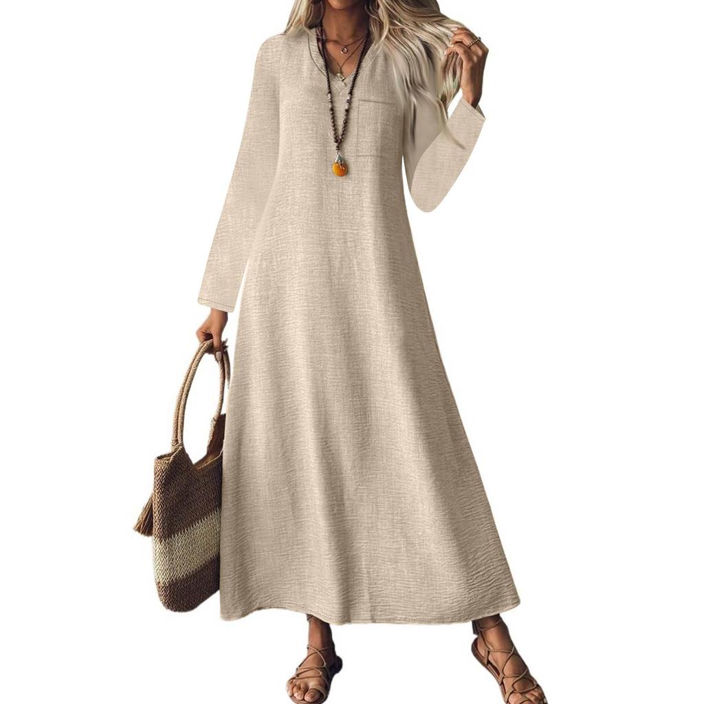 Women's Fashion V-Neck Long Sleeve Pocket Solid Color Zipper Casual Vacation Long Cotton Linen Dresses