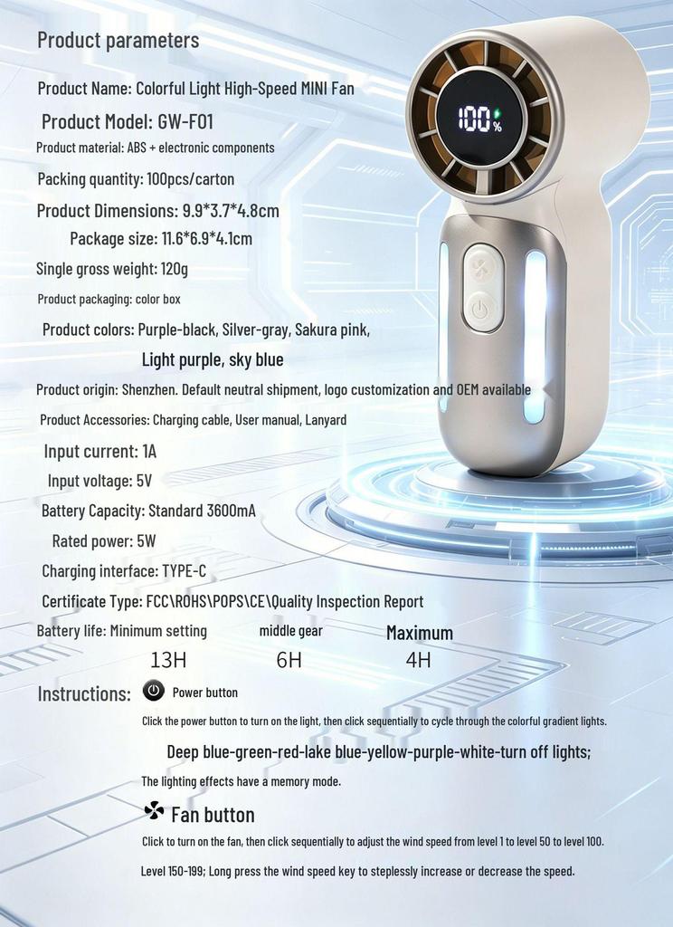 2026 Portable MINI Handheld Fan with Stepless LED Display for Outdoor Camping