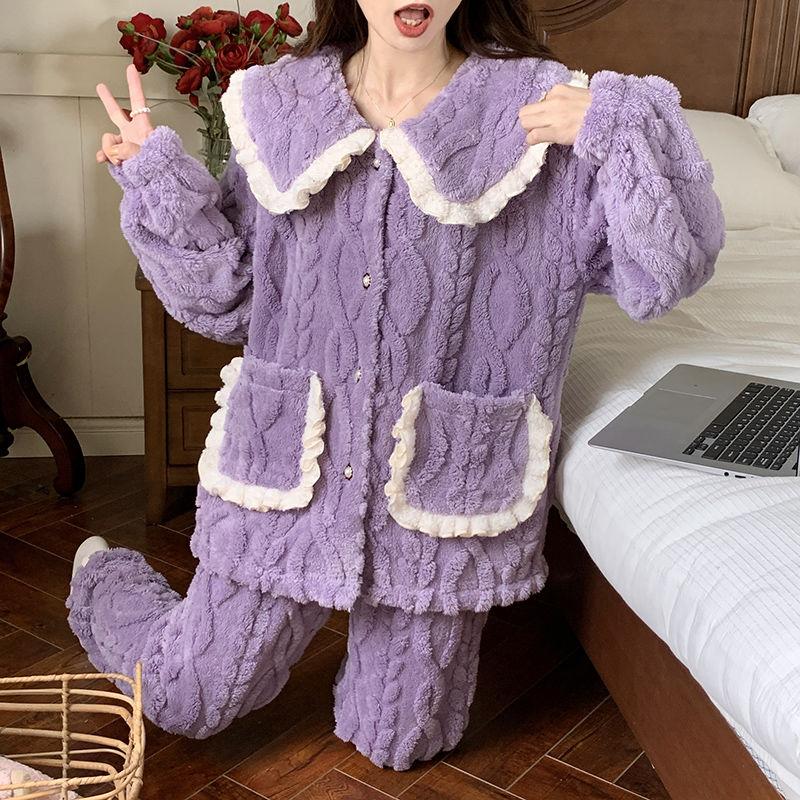 

Новая зимняя пижама из кораллового бархата для женщин, повседневная пижама с кукольным воротником, плюшевые брюки с длинными рукавами, комплект из двух предметов для дома 2XL