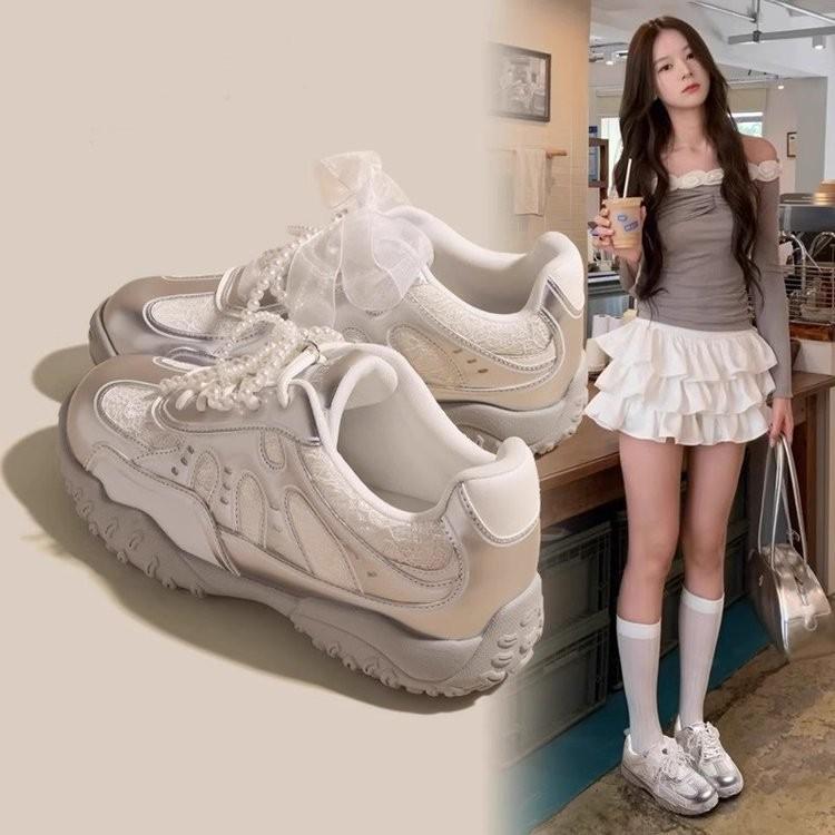 Pearl Shoelaces Casual Sports Mesh Shoes Girl Invisible Height Increasing Shoes