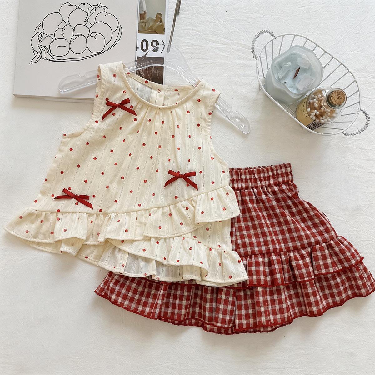 Girls  Sleeveless Polka Dot Ruffle Top & Red Plaid Skirt Set 2026 130 cm
