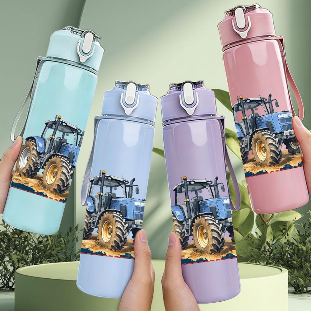 1PC Vintage Farm Tractor Vehicle Print 750ml Color Plastic Sports Water Bottle Leakproof Flip Straw Lid Suitable for Sports Office Home Use
