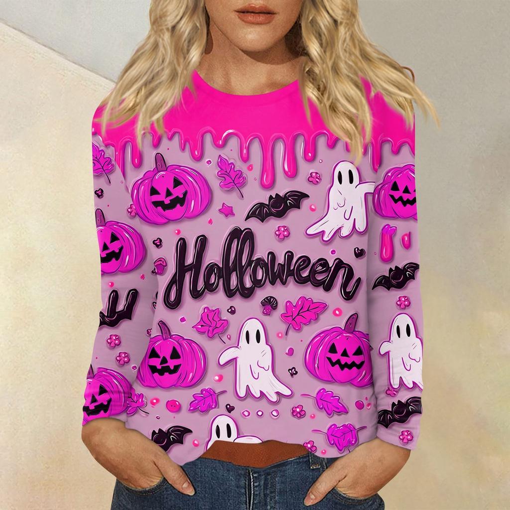 Women's Fashion Casual Halloween Printed Round Neck Long Sleeve Pullover Top