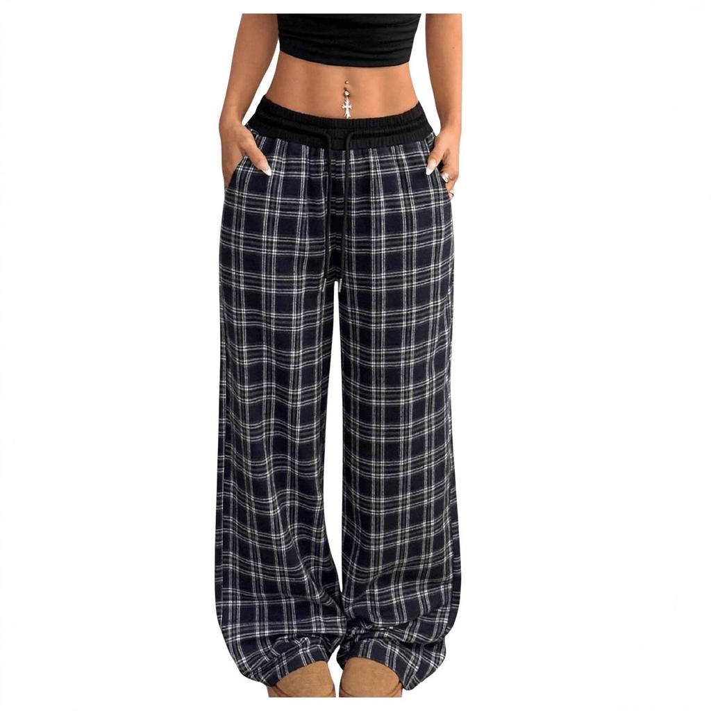 2025 Plaid Patchwork High Waist Straight-Leg Casual Pants