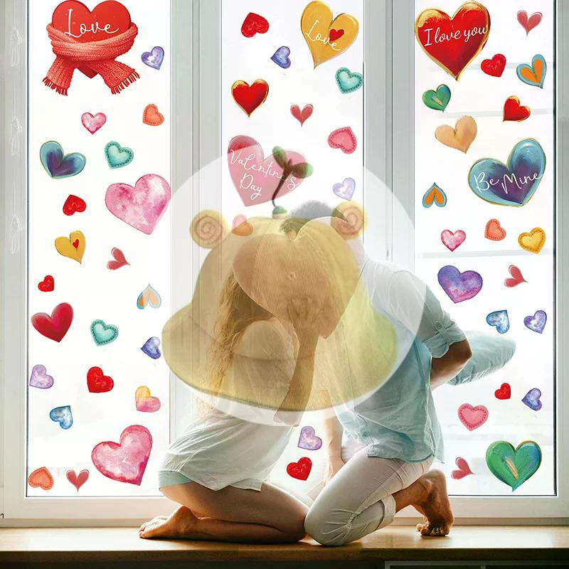 *9Pcs 20x30cm Valentine's Day Window Stickers Cute Watercolor Red Heart Pattern Electrostatic Sticker Wedding Party Home Decor