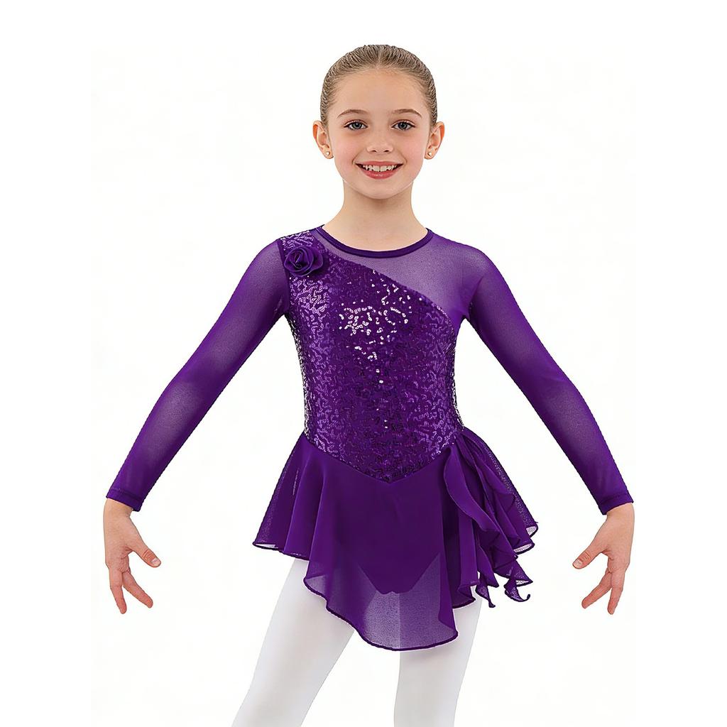 Girls Jazz Dance Bodysuit Rhythmic Gymnastics Stage Wear Sequin Tulle Splice Long Sleeves Cutouts Back Figure Ice Skating Athletic Skirted Leotard