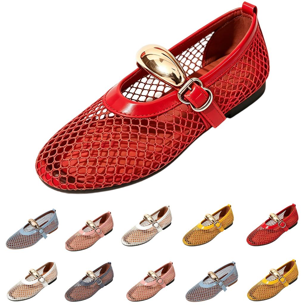 Women's Summer Ballet Flat Sandals Hollow Mesh Breathable Slip On Buckle Closure Comfortable Casual Shoes