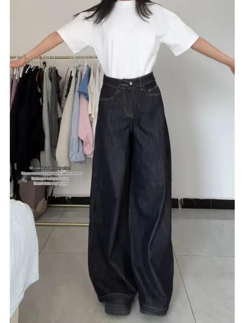 

Женские джинсы с высокой талией и широкими штанинами - Ретро темно-синие, Длина до пола, Маленький размер S темно-синий