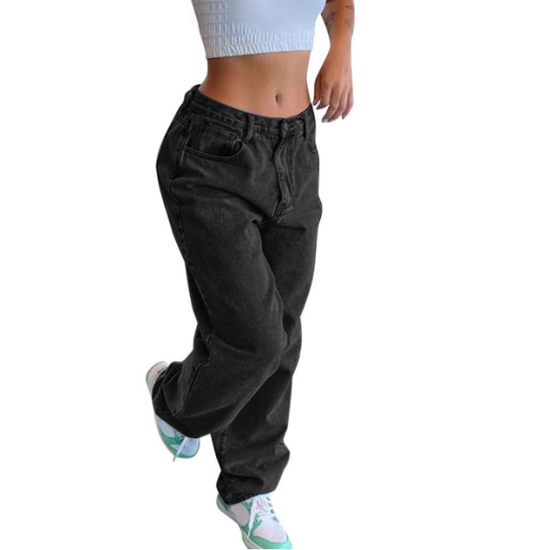 Retro Wide-leg Pants Jeans Women's Denim Solid Color Washed Pockets Mid-waist Basic Loose Straight Denim Trousers