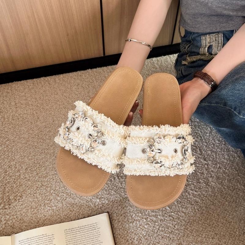 Fashion Flat Fashion One-word Rhinestone Slippers Women's Summer New Outside Wear Round Toe Open Toe Belt Buckle Slippers