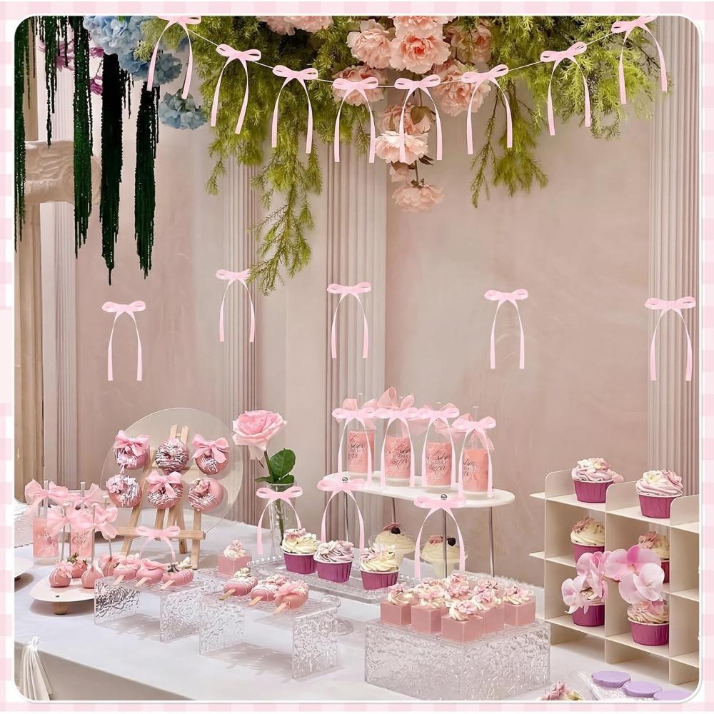 30pcs Bow Cake Toppers Pink Ribbons Bows for Cake Coquette Themed Bow Cupcake Toppers Pink Bow Birthday Wedding Decorations