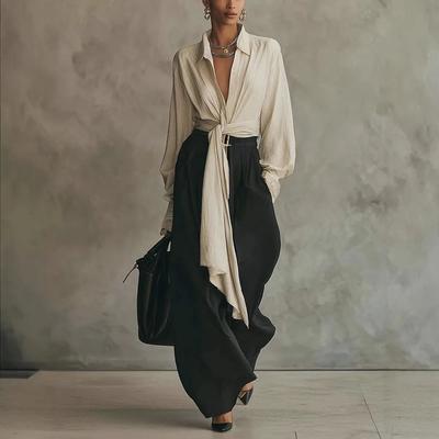 Conjunto Vintage Feminino de Duas Peças Camisa de Manga Longa com Amarração na Cintura Calça de Cintura Alta Wide Leg Conjunto de Lazer Amassado de Outono Feminino para Rua