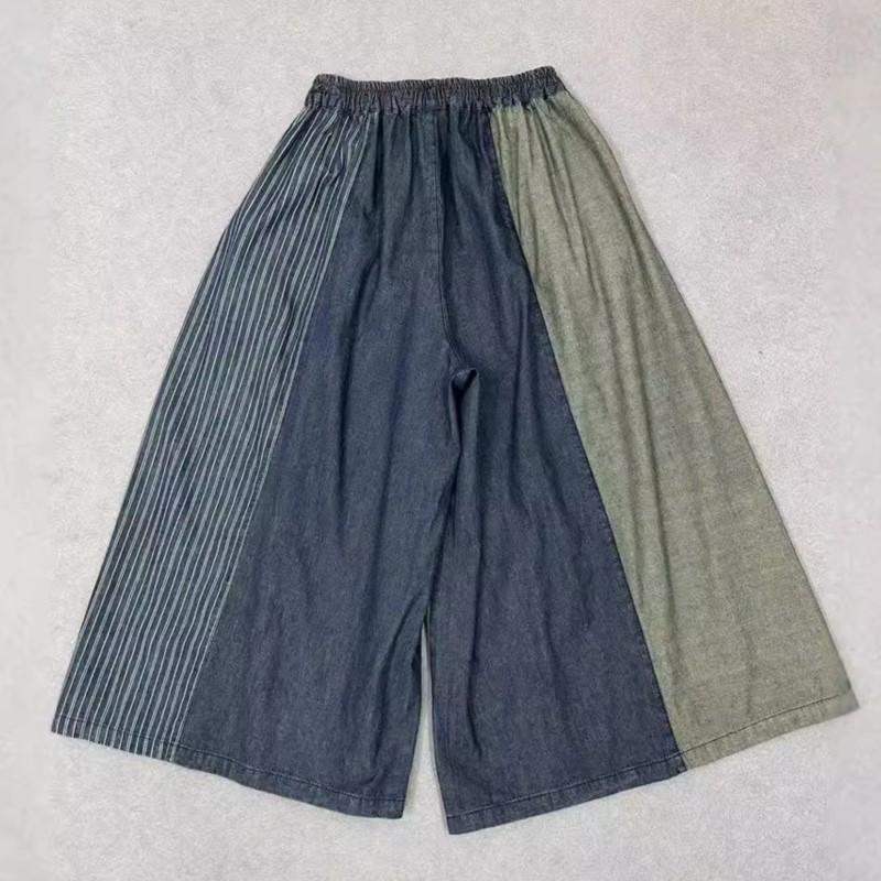 Johnature Autumn Patchwork Wide-leg Pants Loose Casual Drawstring Elastic Waist Retro Nine-point Women Pants