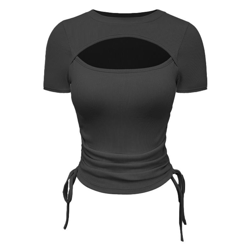 

Женский летний топ для йоги: Кулиска, сборки, вырез, круглый вырез, короткий рукав для фитнеса и тренировок на открытом воздухе Small